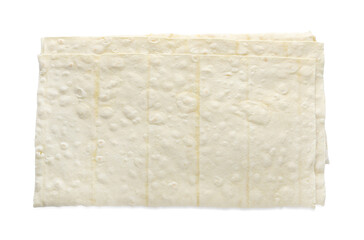 Delicious folded Armenian lavash on white background, top view