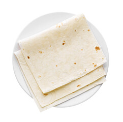 Plate with delicious Armenian lavash on white background, top view