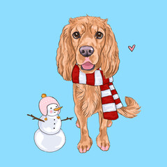 dog cocker spaniel illustration, new year artwork, christmas sketch, puppy in scarf, snowman, digital drawing