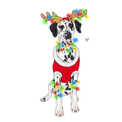 dog dalmatian illustration, new year artwork, christmas sketch, puppy with garlands in santa costume, reindeer headband, digital drawing