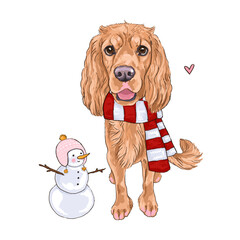 dog cocker spaniel illustration, new year artwork, christmas sketch, puppy in scarf, snowman, digital drawing
