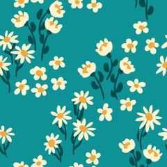 Seamless floral pattern with cute small daisies on a blue background. Pretty flower print, liberty ditsy print with tiny hand drawn plants: flowers, leaves on a blue background. Vector illustration.