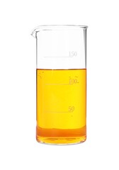 Glass beaker with orange liquid isolated on white