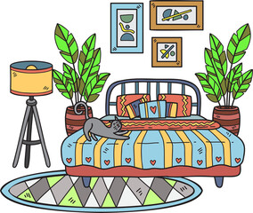 Hand Drawn bed with lamp and plants interior room illustration