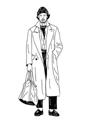 a man wearing a hat holding a bag walking
hand drawn art illustration