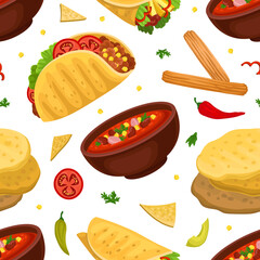 Mexican food seamless pattern. Mexican traditional food repeating print for wallpaper, wrapping paper, textile, package design cartoon