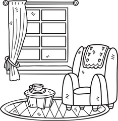 Hand Drawn sofa and window interior room illustration