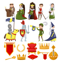 Middle Ages Character with King, Queen, Knight and Symbols of Monarch Power Big Vector Set