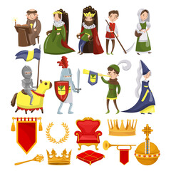 Fototapeta premium Middle Ages Character with King, Queen, Knight and Symbols of Monarch Power Big Vector Set