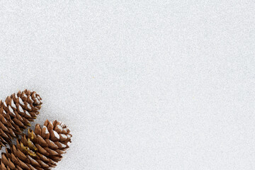 Christmas background with two pine cones isolated on a silver white background with copy space.