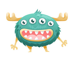 Plakat Funny Hairy Monster with Horns Standing with Open Mouth Vector Illustration
