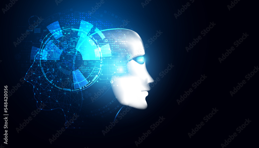 Poster abstract face technology ai artificial intelligence in two futuristic, modern designs mesh tool and 