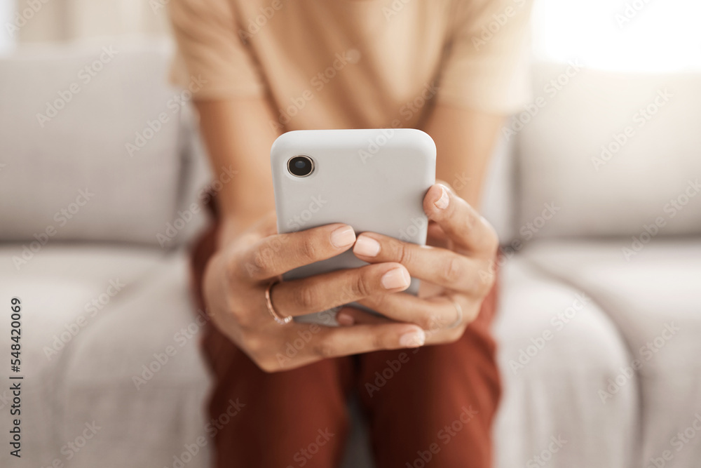 Sticker hands, phone and communication with a black woman typing a text message or browsing social media in 