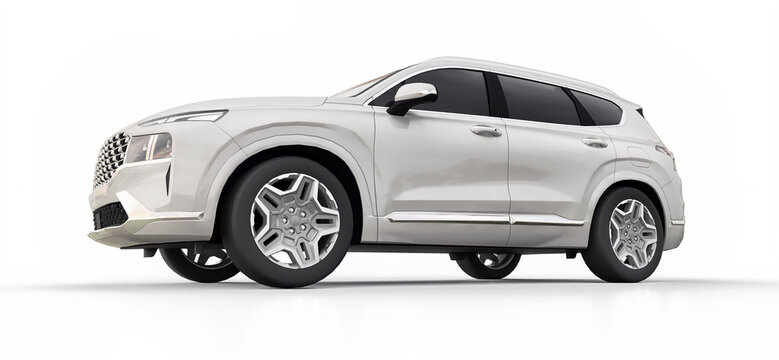 Tokyo. Japan. August 13, 2021. Hyundai Santa Fe. Big city white crossover on a white background. 3d rendering.