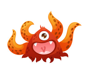 Funny Monster with Fangs and Tentacles Having Open Mouth Vector Illustration