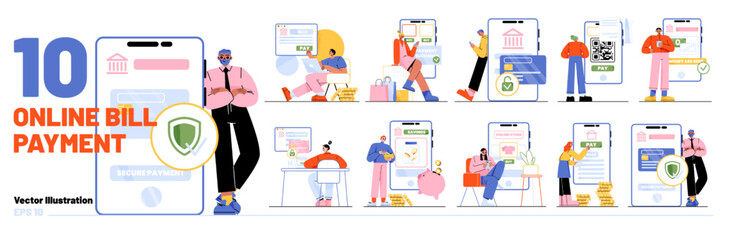 Set of online payment scenes isolated on white background. Vector illustration of flat characters shopping, booking, ordering and paying for goods or services from computer, gadget, mobile banking app