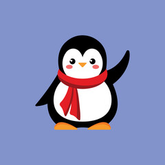 Cute baby penguin in a red scarf. Vector illustration