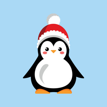Cute cartoon penguin in a hat icon, vector illustration