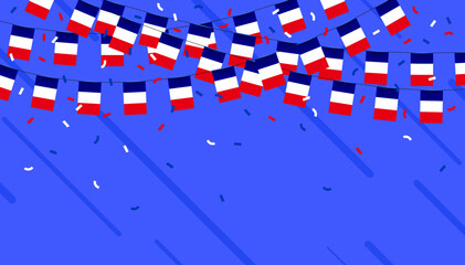 France celebration bunting flags with confetti and ribbons on blue background. vector illustration.