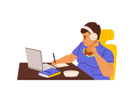 Overweight teenager boy in headphones sitting at laptop and eating burger. Fat guy eating junk food while studying online. Flat vector illustration isolated on white background