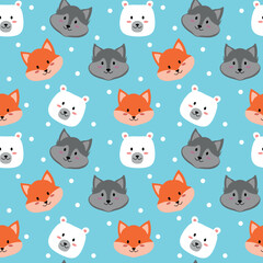 Cute animal Pattern, Fox, Wolf and Bear. Seamless Background, Vector illustration