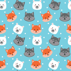 Cute animal Pattern, Fox, Wolf and Bear. Seamless Background, Vector illustration