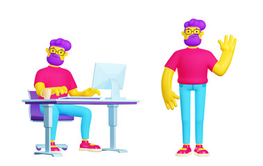 3D render set of creative young man working on computer, standing, waving hand isolated on white background. Contemporary design style male character sitting at desk, smiling, making greeting gesture
