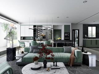 3D rendering, wooden Nordic style living room design