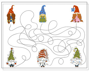 A puzzle game for kids, go through the maze. Cartoon Christmas Gnome