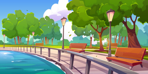 Summer park landscape with lake or river embankment, green trees and wooden benches. Empty promenade, quay with path and lanterns, vector cartoon illustration