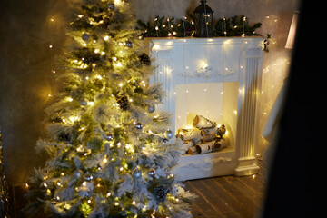 interior christmas. magic glowing tree, fireplace gifts in dark at night
