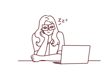 Exhausted young woman sit at desk work on computer overwhelmed with office job. Tired girl feel sleepy overwork at workplace. Fatigue concept. Vector illustration. 