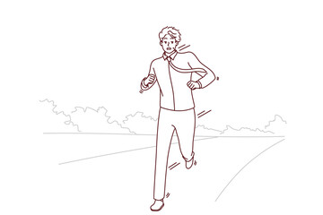 Stressed businessman running on road worried about meeting deadline. Anxious man feel in rush hurry or being late. Vector illustration. 
