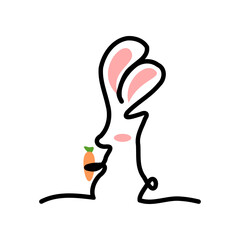 Cute rabbit or bunny holding carrot cartoon character one line drawing (contour drawing) icon vector design.