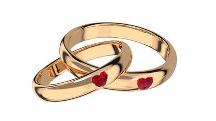 two golden wedding rings with beautiful red ruby hearts