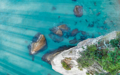 Aerial view of Cathedral Cove in New Zealand