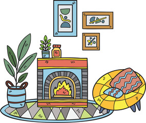 Obraz premium Hand Drawn Fireplace with plants and sofa interior room illustration