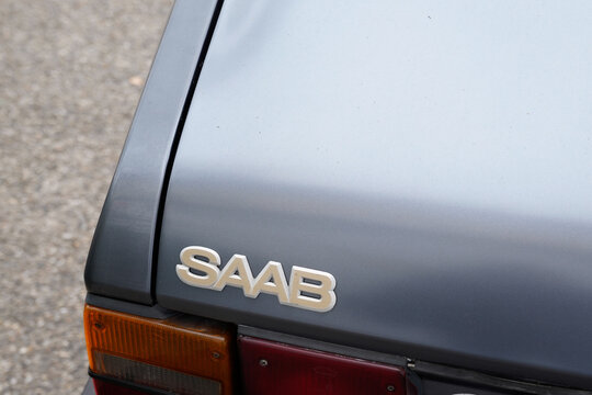 Saab Automobile Car Logo Brand And Sign Text On Rear Vintage Vehicle