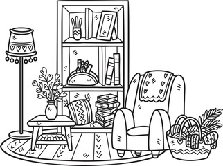 Naklejka premium Hand Drawn sofa and shelves interior room illustration