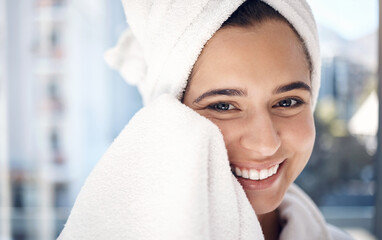Face, shower and hygiene with a woman in the bathroom of her home for cleaning, wellness or...