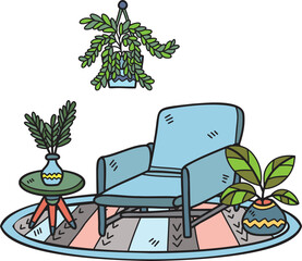 Hand Drawn armchair with hanging plant and side table on rug interior room illustration