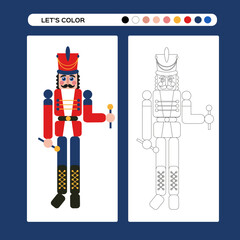 Obraz na płótnie Canvas Nutcracker Christmas coloring page. Kids educational game in flat and outline design. Winter coloring book. Merry Christmas and Happy New Year. Winter holidays.