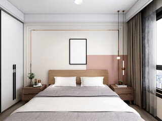 3D rendering, clean and tidy Nordic style bedroom design