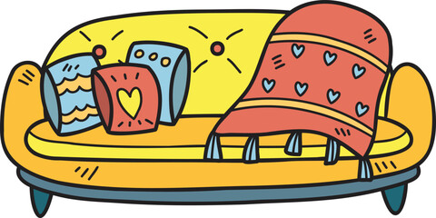 Hand Drawn Sofa with cute blankets and pillows illustration