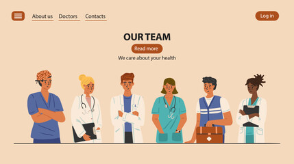 Team of medical professionals and doctors. Our team page tamplate for hospital  and clinic, vector banner. Group of health care workers, nurses and medical staff in uniform