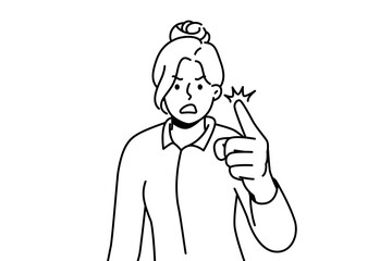 Furious businesswoman feel emotional screaming and scolding. Mad woman point with finger shout and lecture. Vector illustration. 