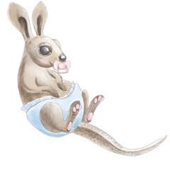 Character cute baby kangaroo in a diaper with a pacifier. Animal baby - watercolor illustration isolated on white background.