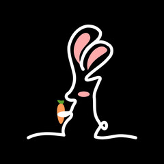 Cute rabbit or bunny holding carrot cartoon character one line drawing (contour drawing) on black background icon vector design.