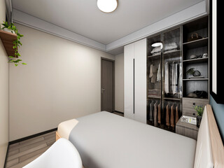 Fototapeta na wymiar 3D rendering, clean and tidy Nordic style bedroom design