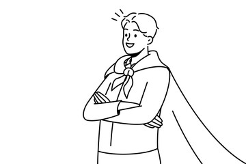 Smiling motivated man wearing superman coat satisfied with achievement or accomplishment. Happy successful businessman in superhero coat. Vector illustration. 